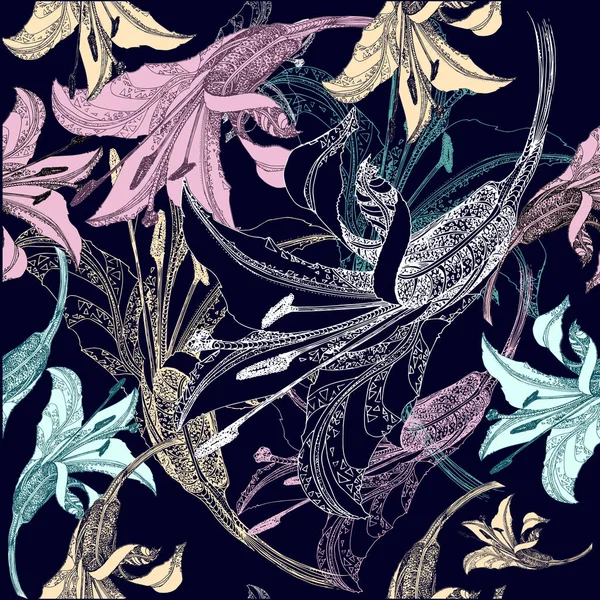 화려한 꽃 무늬 백합 꽃 아름 다운 윤곽. 식물 원활한 벡터 텍스처 손에 그린 깊은 파란색 배경 패션 인쇄, 배경, 질감, 래퍼 패턴, 결혼식에 대한 — 스톡 벡터