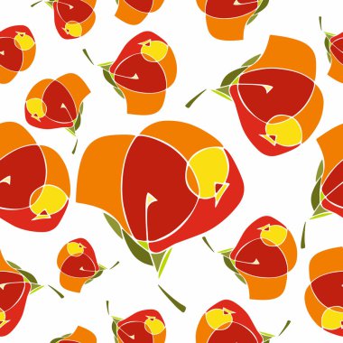 Beyaz arka planda kırmızı, turuncu ve sarı sevimli çiçekler ile sorunsuz tekrar desen. Kumaş, hediye sargısı, duvar sanatı tasarımı için el çizilmiş çiçek dokusu.