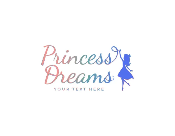 Logotyp Princess Dreams med Fairy Princess Silhouette på vit bakgrund. Vektor illustration för logo brud butik, Kids Fashion, inbjudan, dekor. — Stock vektor
