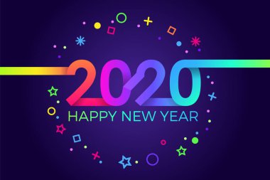 2020 mutlu yıllar. Kağıt Memphis geometrik parlak stili. Tatil ilanları, selamlar, davetiyeler, Mutlu Yıllar veya Mutlu Noeller kartları. Tatil geçmişi, poster, afiş. Vektör İllüstrasyonu.