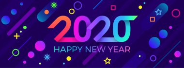 2020 mutlu yıllar. Kağıt Memphis geometrik parlak stili. Tatil ilanları, selamlar, davetiyeler, Mutlu Yıllar veya Mutlu Noeller kartları. Tatil geçmişi, poster, afiş. Vektör İllüstrasyonu.