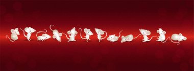 Fare 2020 yılınız kutlu olsun. Farklı pozlarda şirin beyaz fareler ve kırmızı arka planda Asyalı desenler. Tebrik kartları ya da afişler için. Vektör illüstrasyonu.