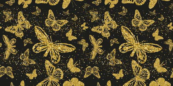 Farfalle scintillanti oro con motivo senza cuciture confetti oro su sfondo nero. Illustrazione vettoriale . — Vettoriale Stock