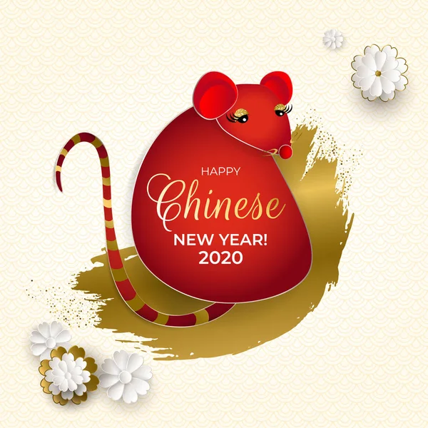 Šťastný čínský novoroční pohled na krysu2020. Červená myš, zlatý tah štětcem, květiny, vzory na světlém pozadí. Na pozdravy, pozvánky, plakáty, plakáty. Papírový styl. Vektorová ilustrace. — Stockový vektor