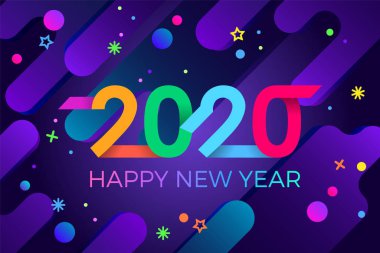 2020 mutlu yıllar. Kağıt Memphis geometrik parlak stili. Tatil ilanları, selamlar, davetiyeler, Mutlu Yıllar veya Mutlu Noeller kartları. Tatil geçmişi, poster, afiş. Vektör İllüstrasyonu.