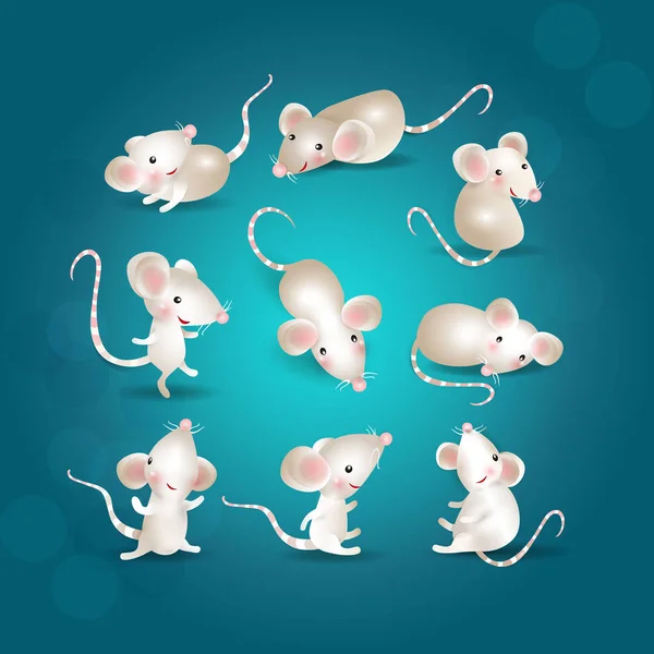 Año Nuevo chino 2020. Conjunto de ratones blancos. Lindas ratas en diferentes poses sobre fondo turquesa. Para tarjetas de felicitación navideñas, invitaciones, póster, banner, cualquier ilustración. Ilustración vectorial . — Vector de stock