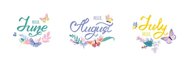 Brevlåda Hej juni juli augusti. Handritad kalligrafi och klotter bokstäver logotyp emblem med fjärilar, blommor och blad vektor illustration. — Stock vektor