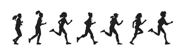 Illustration vectorielle silhouette noire belles filles sportives de différentes nationalités courir et courir en fond blanc. — Image vectorielle