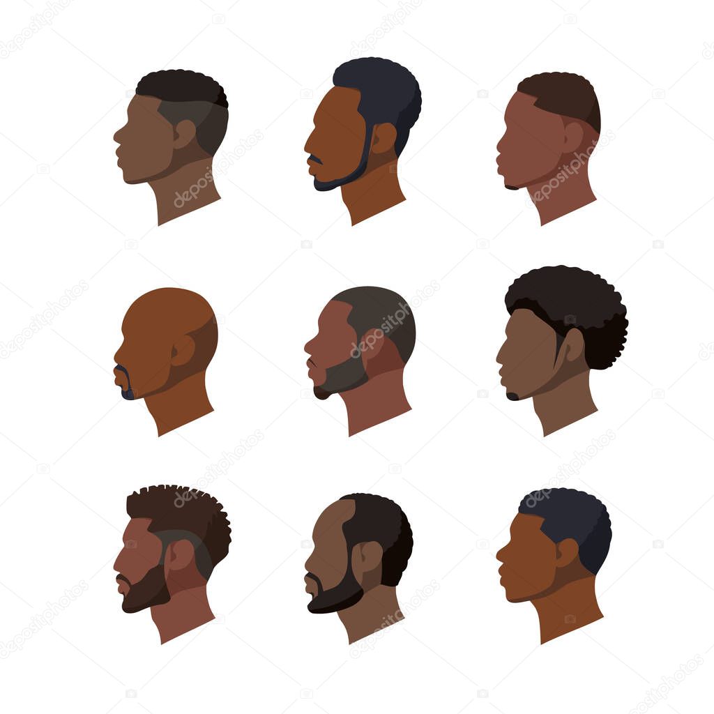 Set of illustrations of negroid race male profiles. Vector portraits of men in a flat style. African avatars on a white background.
