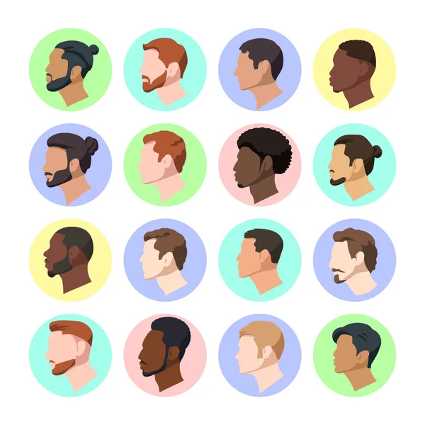 Állítsa vektor illusztráció portrék a férfiak profil a különböző nemzetiségű. Férfi fej európai és ázsiai és afro-amerikai rajzfilm stílusban színes háttér. — Stock Vector