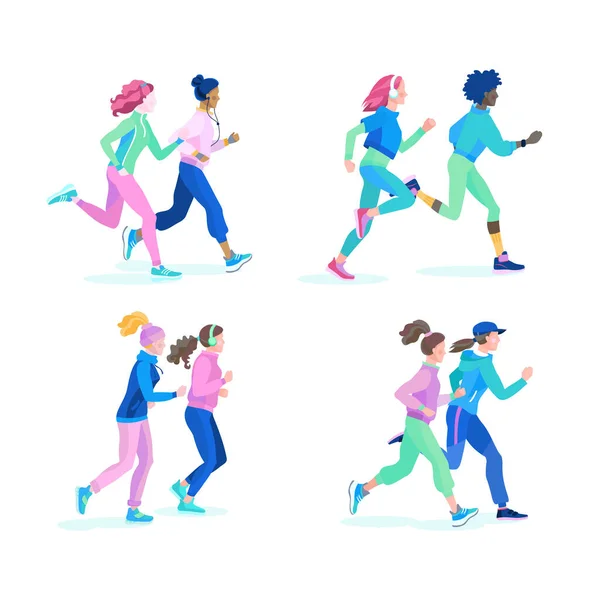 Eine Reihe von Vektorillustrationen im Cartoon-Stil präsentieren schöne athletische Mädchen, die paarweise laufen. — Stockvektor