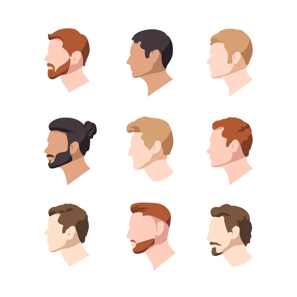 Set vector illustration of mens heads in profile of european nationality in a flat style on a white background. — Stock Vector