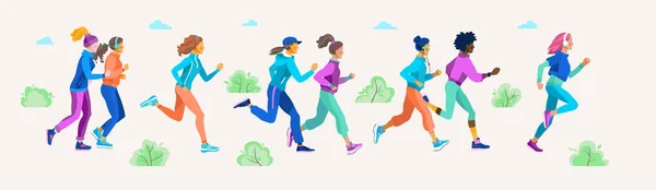 Ajuste hermosas chicas en un trote en el Parque o plaza. Ilustración vectorial de mujeres jóvenes de diversas razas corriendo al aire libre entre la naturaleza . — Vector de stock