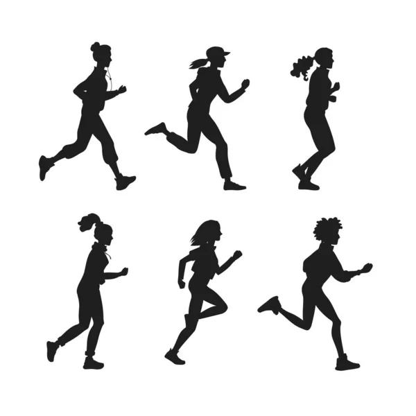 Eine Reihe von Vektor schwarze Silhouette schöne sportliche Mädchen verschiedener Nationalitäten. Illustration junge Frauen laufen und joggen. — Stockvektor