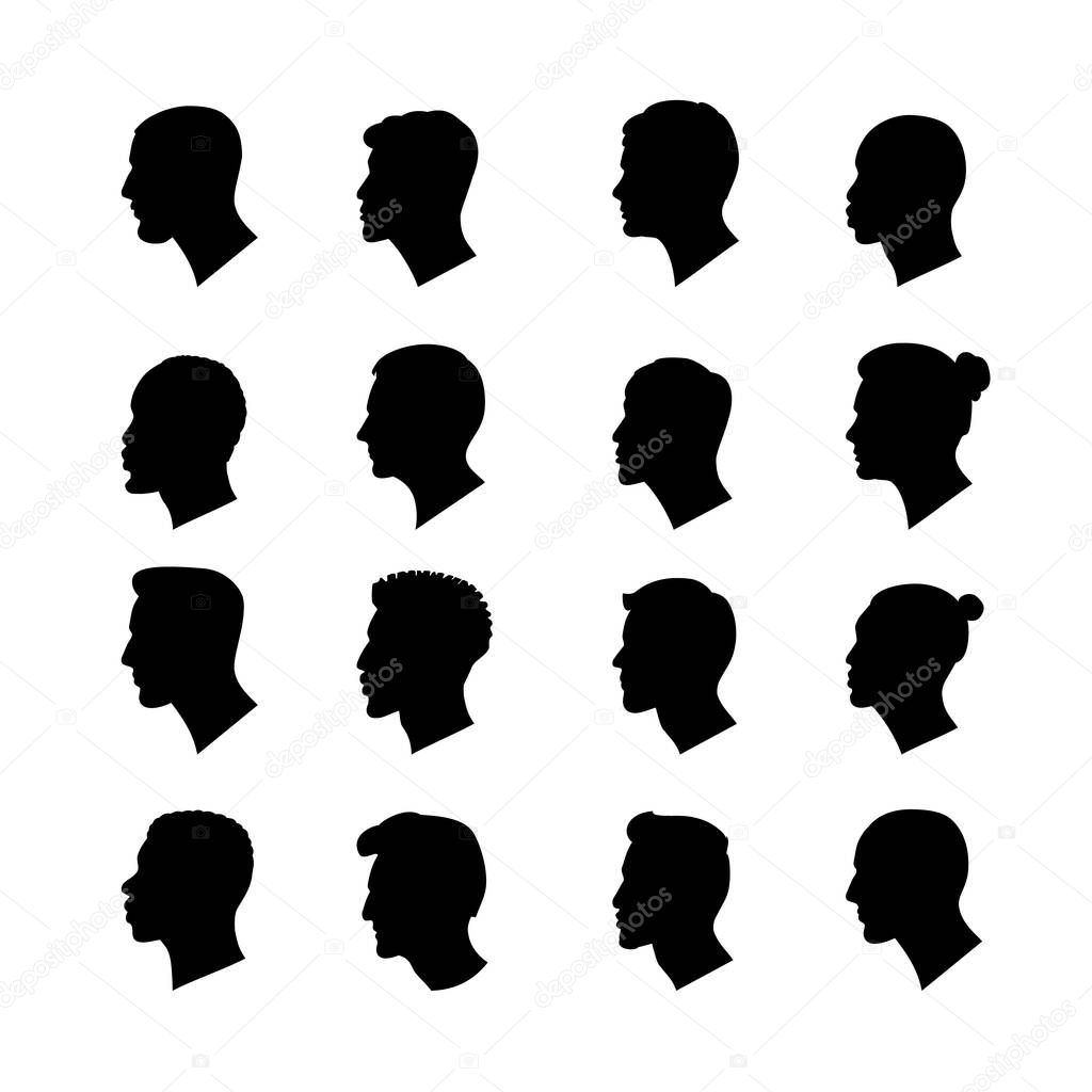 Set of illustrations of european and asian and also afro-american nationality male profiles. Vector black silhouette portraits of men. Avatars on white background
