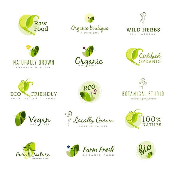 Coleção Logotipo Pré Fabricado Com Folhas Silhuetas Flores Fundo Branco — Vetor de Stock