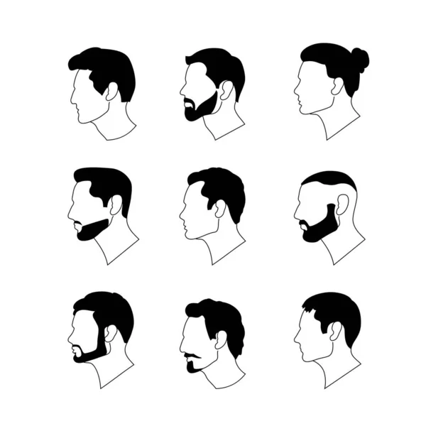 Conjunto de ilustração vetorial de homens cabeças em perfil de nacionalidade europeia em um estilo linear sobre um fundo branco . — Vetor de Stock