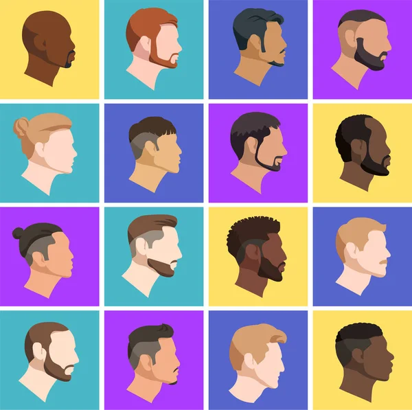 Állítsa vektor illusztráció férfi fejek profilja a különböző nemzetiségű európai és ázsiai és afro-amerikai rajzfilm stílusban színes háttér. — Stock Vector