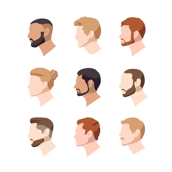 Set of illustrations of european nationality male profiles. Vector portraits of men in a flat style. Blond and brunet and also redhead avatars on a white background. — Stock Vector