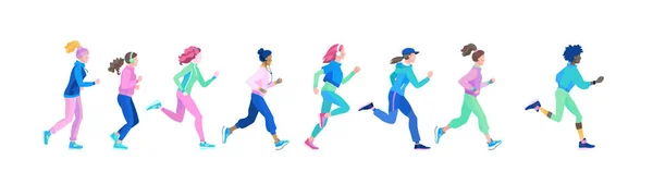 Conjunto de jovens mulheres saudáveis em jogging. Ilustração vetorial em estilo cartoon de correr meninas loiras e morenas de várias nacionalidades. Mulheres africanas, asiáticas e europeias correm com roupas esportivas . — Vetor de Stock