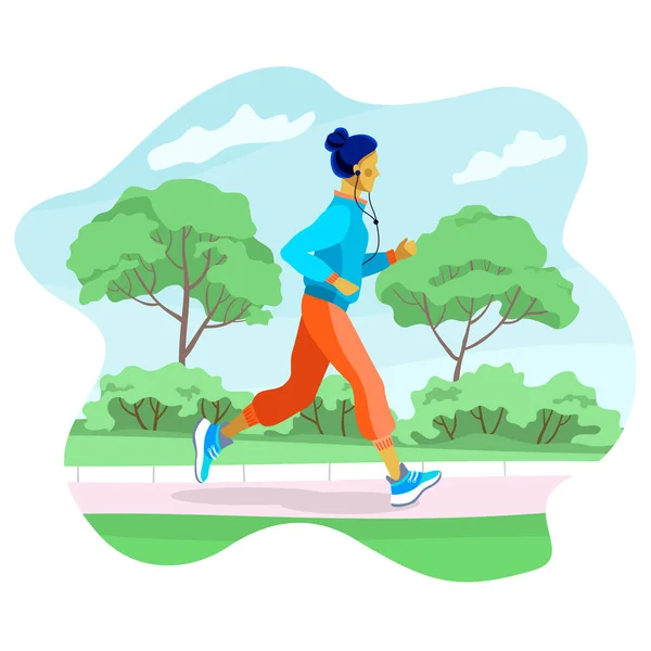 Ilustración vectorial de una hermosa joven corriendo por un parque, plaza. — Vector de stock