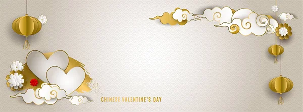 Alla hjärtans dag. Banner med moln, lyktor, hjärtan, blommor. Asiatiska mönster. Qixi festivalen dubbel 7:e dag. För omslag sociala nätverk, bröllop inbjudan. Pappersstil. Vektorillustration — Stock vektor