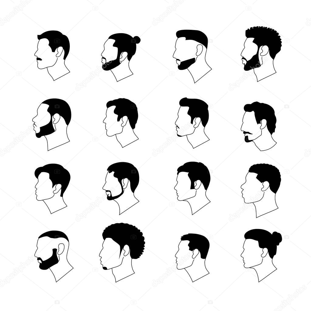 Set vector illustration portraits of men in profile of various nationality. Male heads european and asian and also afro-american in linear style on a white background.