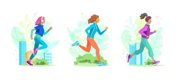 Un conjunto de ilustraciones vectoriales de chicas corriendo en un parque de primavera, plaza y ciudad con hojas decorativas y hierbas. Verano deportes al aire libre. — Vector de stock