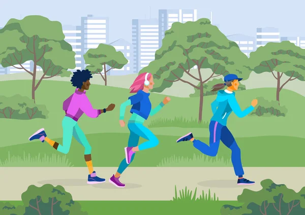 Ilustración vectorial de chicas corriendo en un parque de verano, plaza y ciudad. Esbeltos y hermosos atletas corriendo al aire libre. — Vector de stock