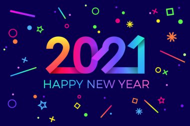 2021 mutlu yıllar. Kağıt Memphis geometrik parlak stili. Tatil ilanları, selamlar, davetiyeler, Mutlu Yıllar veya Mutlu Noeller kartları. Tatil geçmişi, poster, afiş. Vektör İllüstrasyonu.