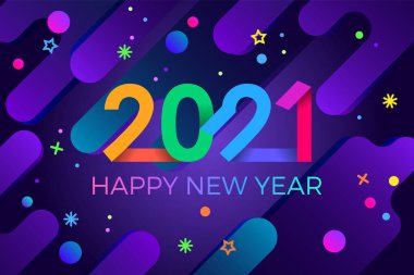 2021 mutlu yıllar. Kağıt Memphis geometrik parlak stili. Tatil ilanları, selamlar, davetiyeler, Mutlu Yıllar veya Mutlu Noeller kartları. Tatil geçmişi, poster, afiş. Vektör İllüstrasyonu.