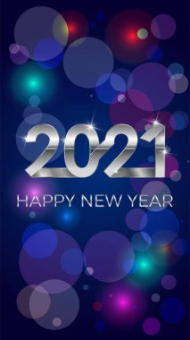2021, mutlu yıllar. Flama ya da davetiye, parti afişi parıldayan yıldızlar konfeti sim süslemesi. Gümüş yazılı tebrik kartı. Mutlu yıllar 2021. Vektör İllüstrasyonu.