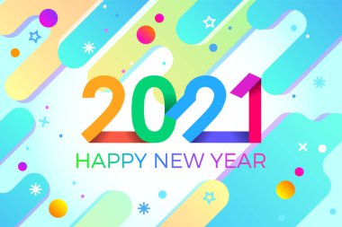 2021 mutlu yıllar. Kağıt Memphis geometrik parlak stili. Tatil ilanları, selamlar, davetiyeler, Mutlu Yıllar veya Mutlu Noeller kartları. Tatil geçmişi, poster, afiş. Vektör İllüstrasyonu.