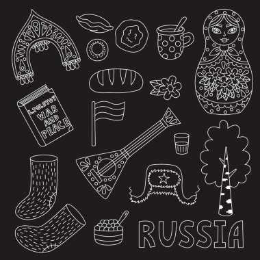 Rusya geleneksel semboller hattı doodle simgeler kümesi vektör