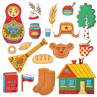 Rusya doodle simgeler geleneksel semboller Balalayka, ayı, Rus bebek, köy evi kırmızı havyar vektör set