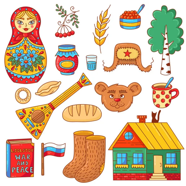 Rusia Doodle Iconos Símbolos Tradicionales Balalaika Oso Muñeca Rusa Casa — Vector de stock