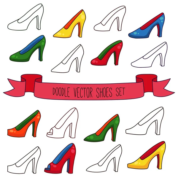 Haut Talon Femmes Chaussures Ligne Colorée Doodle Icônes Vectorielles Colorées — Image vectorielle