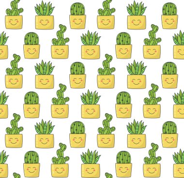 Kaktüs pot ve aloe etli bitkiler renkli sevimli doodle sorunsuz vektör desen