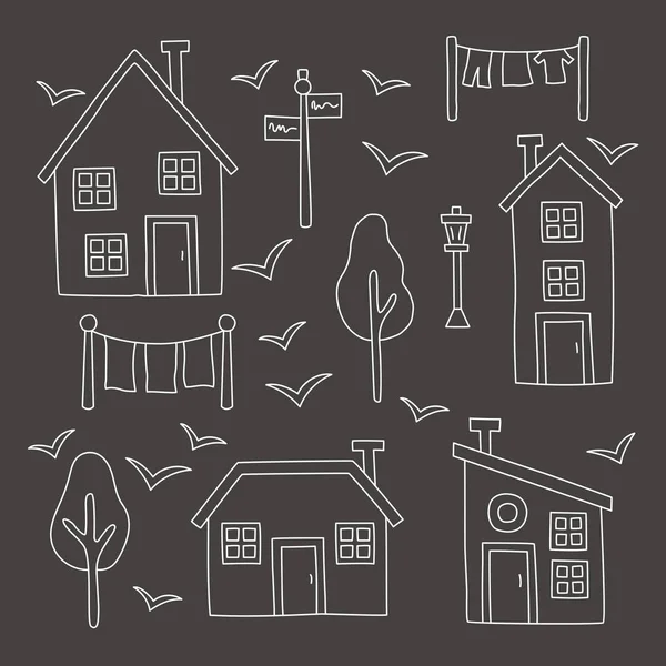 Casas Línea Simple Con Aves Árboles Conjunto Vectores Blanco Negro — Vector de stock