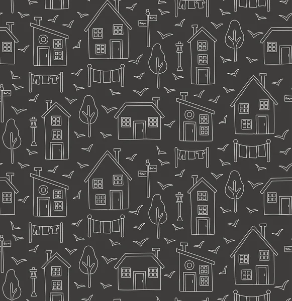ライン村の家北欧スタイルのシームレスな落書きは単純な黒と白のベクトル パターン — ストックベクタ