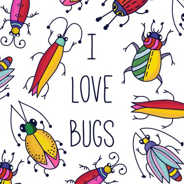 Böcek böcekler doodle satır renkli vektör set ben seviyorum illüstrasyon rahatsız ediyor.