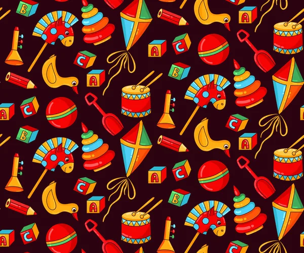 Oyuncaklar çocukluk simgeleri renkli doodle sorunsuz vektör desen