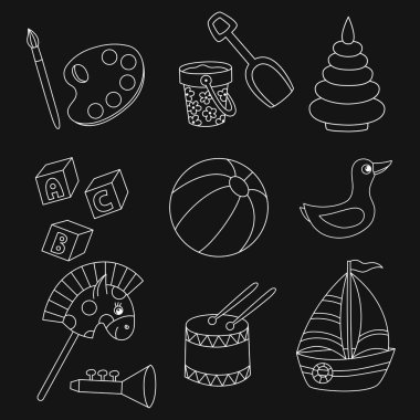 Satır doodle oyuncaklar simgeler vektör siyah arka plan üzerine ayarla