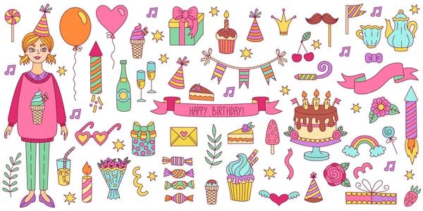 Birthday Party Decorative Colorful Doodle Icons Vector Set — Stock Vector
