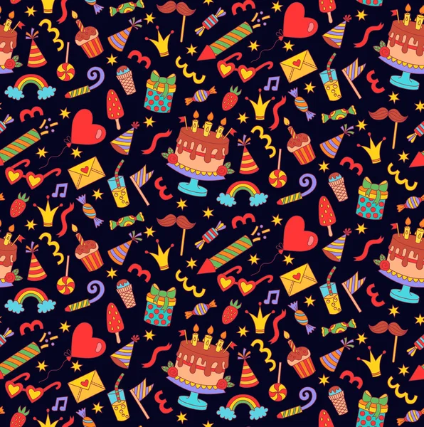 Birthday Doodle Icons Seamless Vector Pattern Black Background — Stock Vector