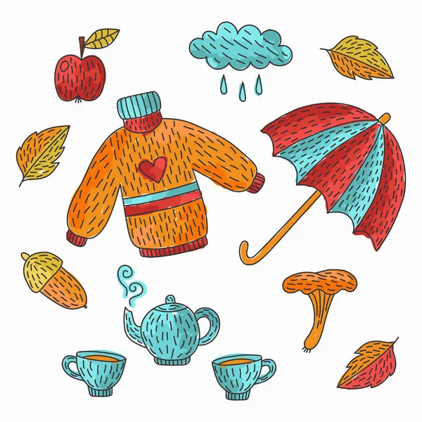 Φθινόπωρο Φθινόπωρο Doodles Ανυσματικά Εικονίδια Χρωματιστό Δείκτης Στυλ — Διανυσματικό Αρχείο