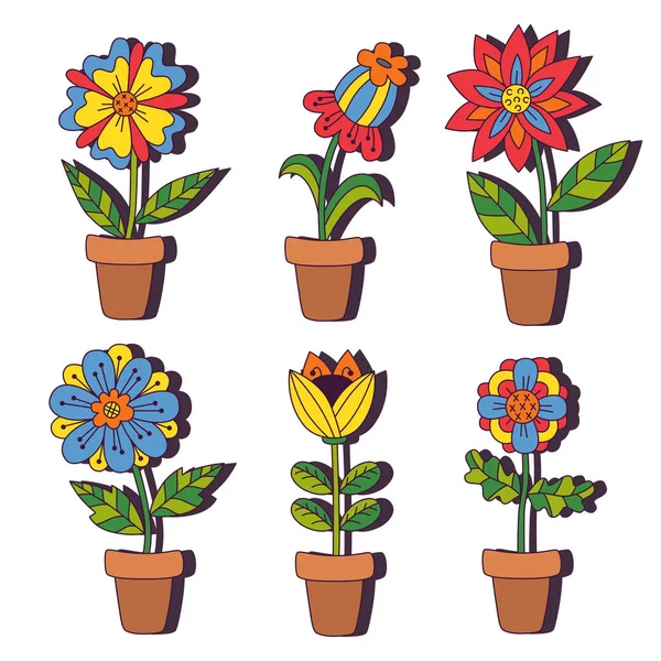 Flower Pots Line Doodle Colorful Icons Vector Set — Stock Vector