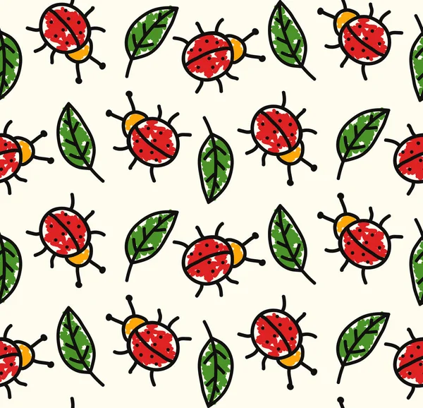 Ladybug Leaf Doodle Childish Colorful Seamless Vector Pattern — Stock Vector