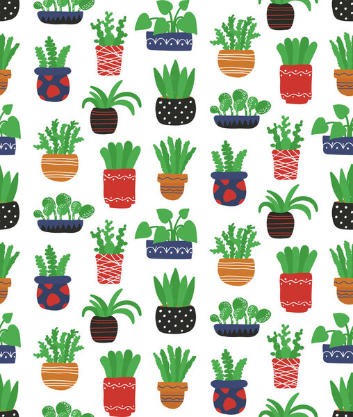 House plants cute seamless vector pattern