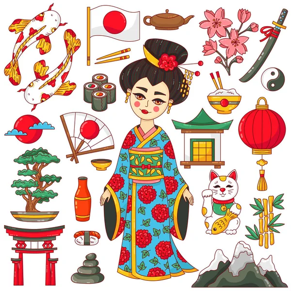 Japão ícones nacionais tradicionais doodle conjunto vetor cartoon — Vetor de Stock